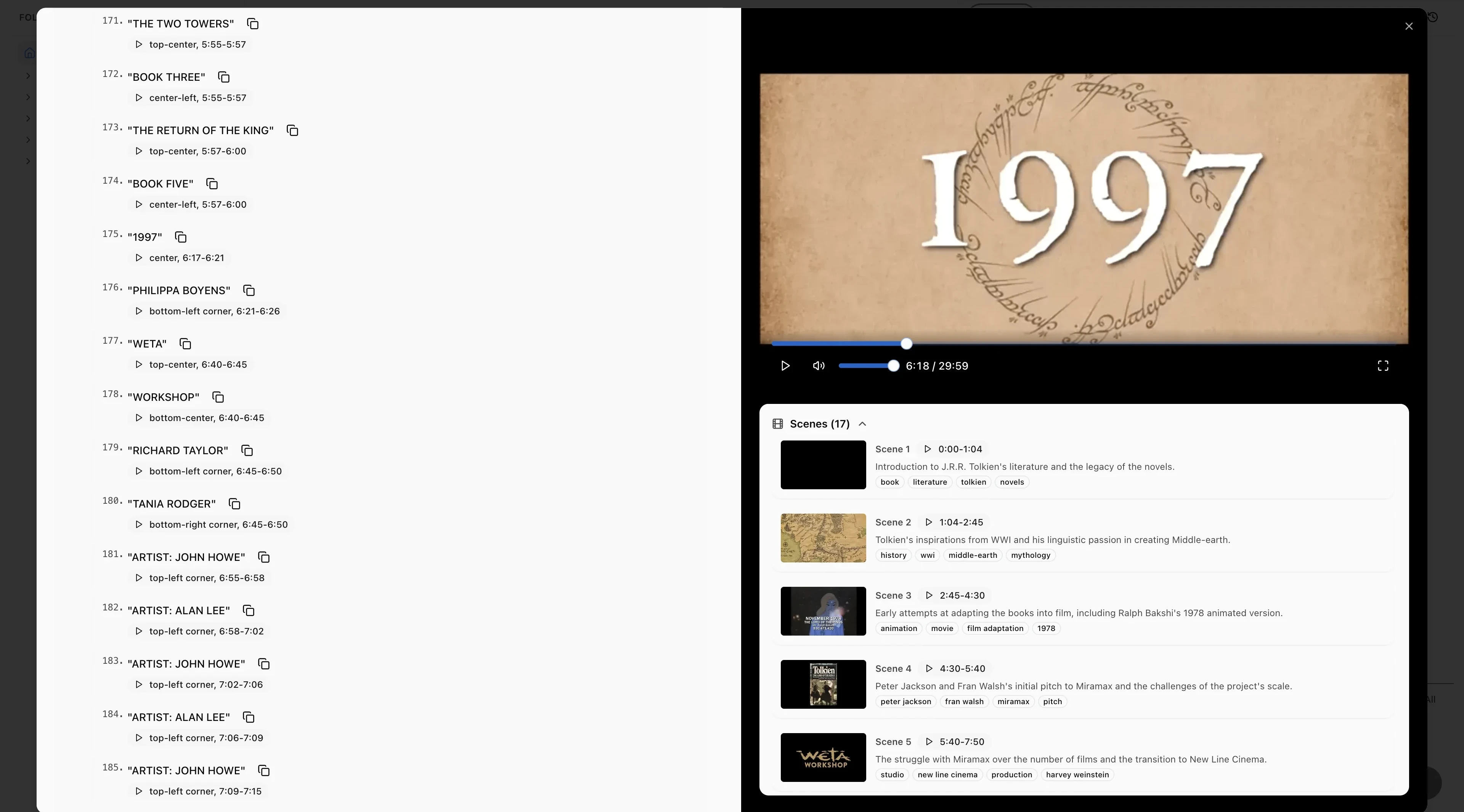 Video detail page showing AI-generated scene analysis of a LOTR retrospective